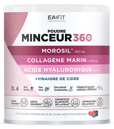 EAFIT MINCEUR 360®
Poudre morosil, collagène et acide hyaluronique
275 g
